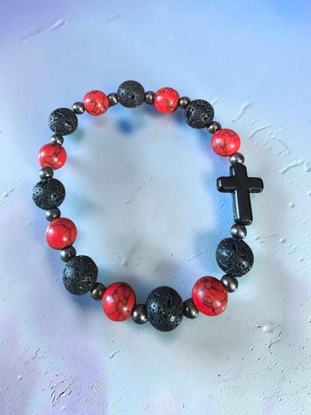 Red and Black Lava Rock Cross Bracelet
